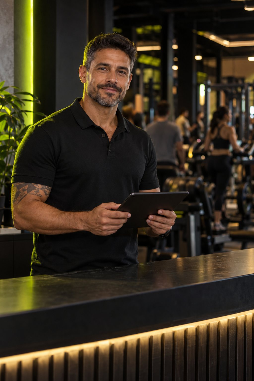 Dono de academia acompanhando os alunos no tablet
